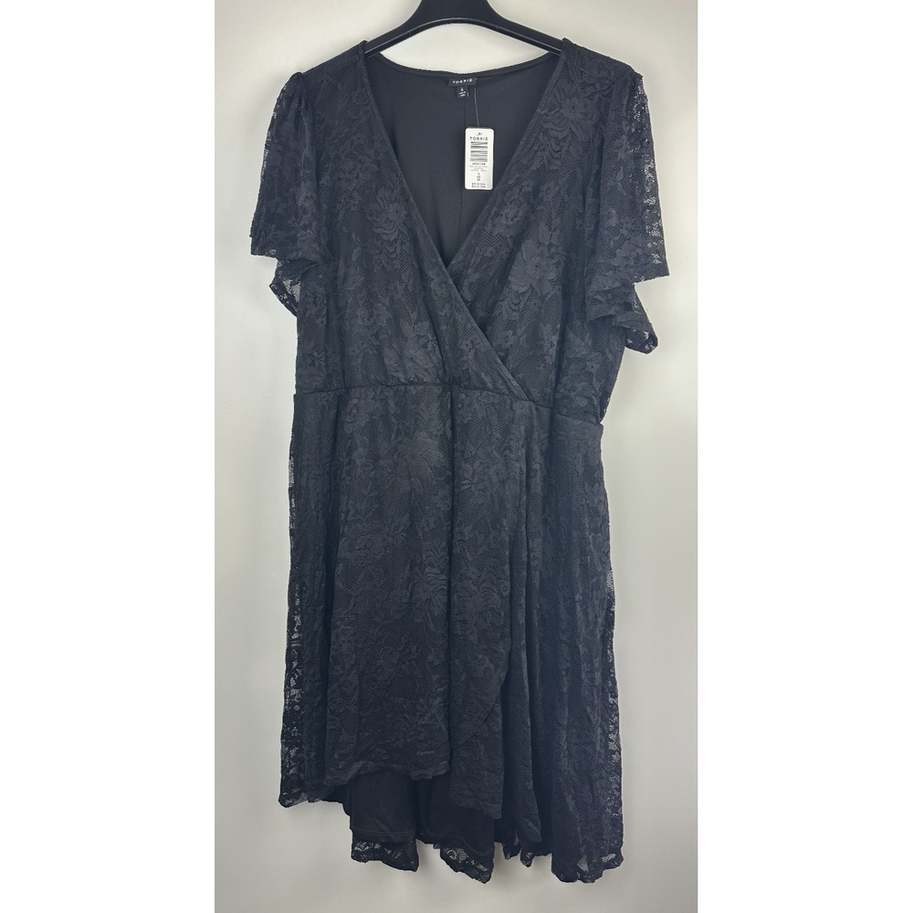Torrid Mini Lace Wrap Dress Black Tie Stretch Hi-Lo Skater Stretch Plus Size 4X - Picture 2 of 13